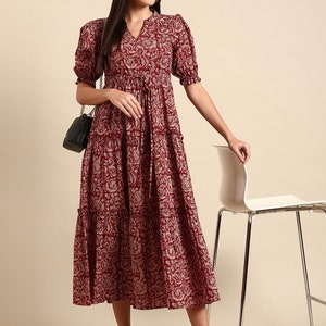 Dresses For Women - Red Floral Ethnic A-Line Cotton Midi Ethnic Dress - Indian Boho Dress - Women Party Dress - Plus Size Dress 3XL
