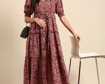 Dresses For Women - Red Floral Ethnic A-Line Cotton Midi Ethnic Dress - Indian Boho Dress - Women Party Dress - Plus Size Dress 3XL
