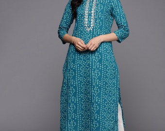 Kurti de algodón para mujer - Kurta estampada Bandhani azul turquesa - Vestido indio para mujer - Ropa de verano - Regalo para ella - Túnica étnica