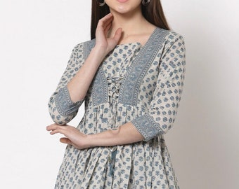 Pure Cotton Tunic Tops For Women - Cream & Blue Printed Top - Short Kurta - Kurtis For Women - Summer Tops Tees T-shirt Plus Size Boho Tops