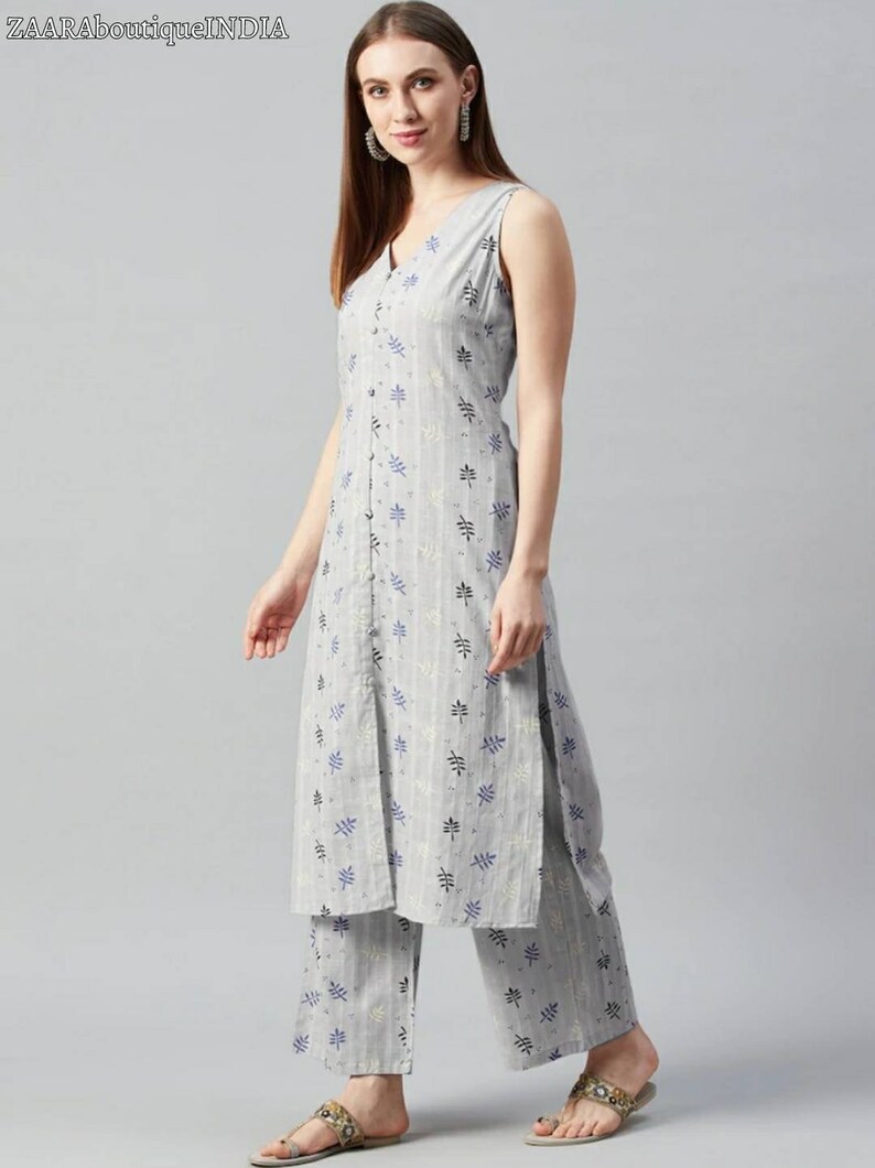 Blue Printed Strappy Kurta with Palazzo Set