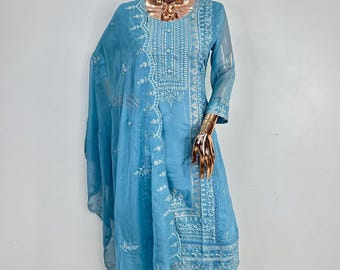 Robe indienne pour femme - Kurta brodé bleu avec pantalon et dupatta - Ensembles kurta en organza - Robe de soirée indienne - Ensemble Salwar Kameez