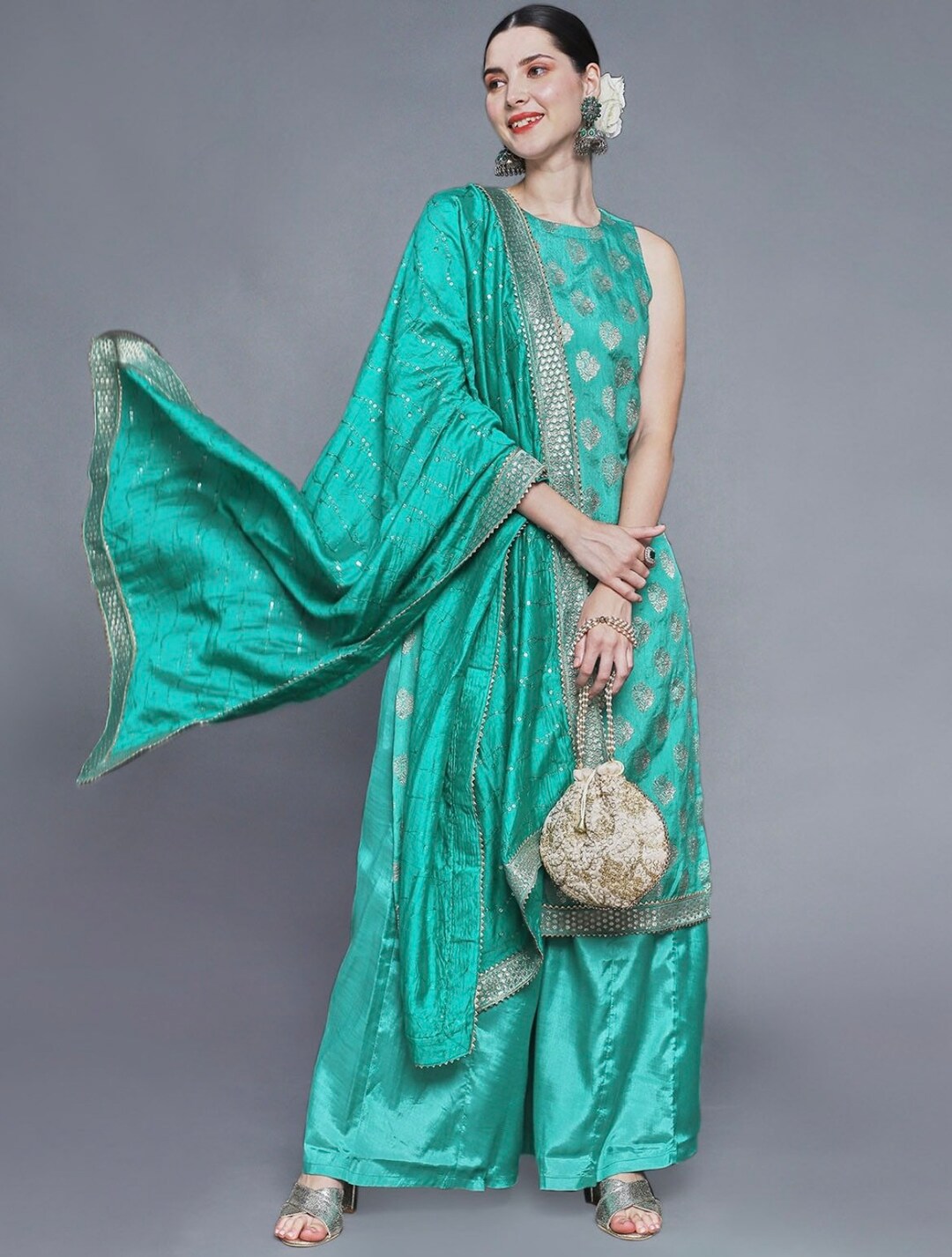 Sleeveless Kurta Sets Women Turquoise Blue Silk Blend Aline Kurta With