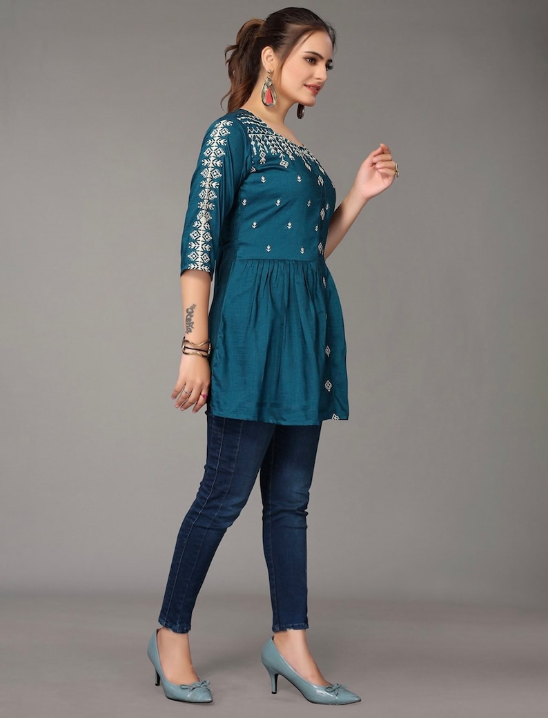 Kurtis for Women Teal Blue Embroidered A-line Kurti Top Tees - Etsy