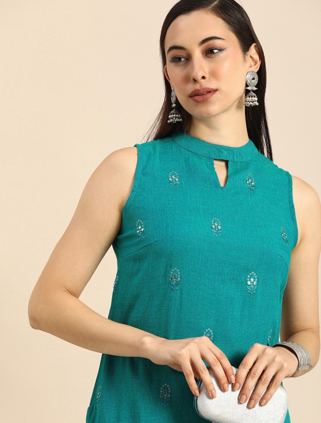 Women Teal Embroidered Straight Kurta Trousers  Set