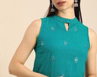 Kurta Set Teal Blue Embroidered Sleeveless Kurta With Trousers Summer Wear Office Wear Indian Dress Salwar Kameez  Gift For Her Kurti Tunic