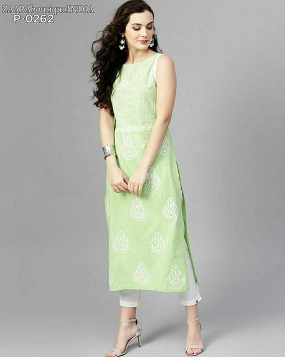 Women's Printed Sea Green Cotton Kurti - Urban Wardrobe – UrbanWardrobe