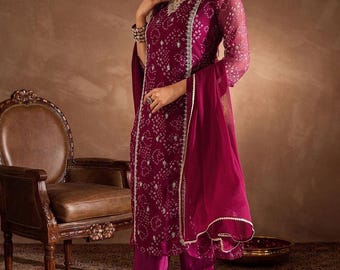 Indian Dress For Women - Bandhani Printed Zari Embroidered Kurta With Trousers & Dupatta - Salwar Kameez Set - Indian Party Wear Dress