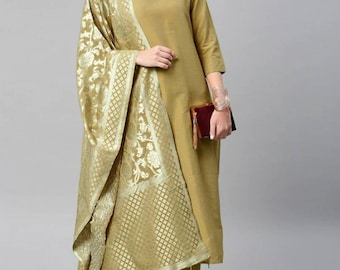 Indian Dress | Beige Solid Kurta with Trouser And Dupatta | Kurta Set | Indian Tunic | Indian Wedding  Party Wear | Ethnic Dress Women
