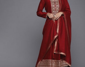 Indian Wedding Party Wear Kurta Set - Maroon Floral Embroidered Silk Kurta With Trousers With Dupatta - Salwar Kameez - Kurta With Palazzos