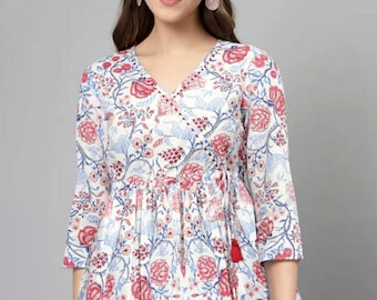 Tops For Women - Indian Ethnic Top - Red Floral Pure Cotton Kurti - A-line Flared Kurti Top - Indian Dress - Tops & Tees Women - Short Kurta