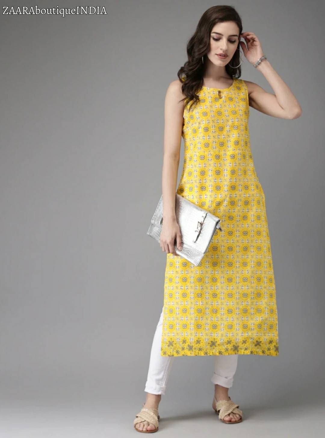 Yellow Cotton Long Kurti for Women