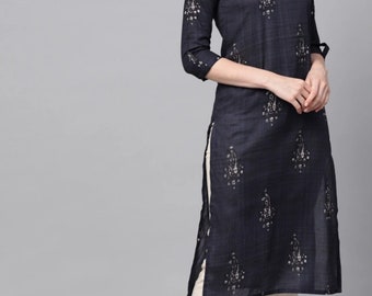 Women Navy Blue & Off-White Hand Printed Straight Kurta | Ethnic Dress | Summer Wear | Office Wear | Indian Kurti Dress | Kurti For women