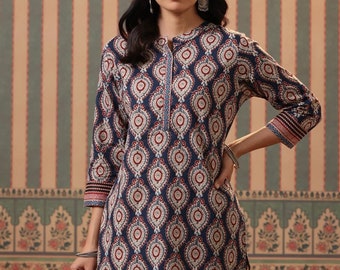 Pure Cotton Tunic Tops For Women - Blue & Beige Printed Top - Short Kurta - Kurtis For Women - Summer Tops Tees T-shirt Plus Size Boho Tops