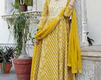 Cotton Kurta Sets For Women - Yellow Embroidered Kurta With Palazzo & Dupatta - Indian Party Wear Dress - Kurta With Trousers Women