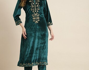 Indian Party Wear Dress For Women - Teal Green & Gold Embroidered Velvet Kurta - Kurtis For Women - XXS Kurta Dress - Indian Tunic Top