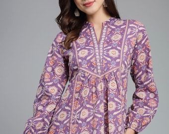 Cotton Kurtis For Women - Purple Motifs Printed Empire Top For Women - Tunic Top - Summer Tops and Tees - Indian Ethnic Kurti Top