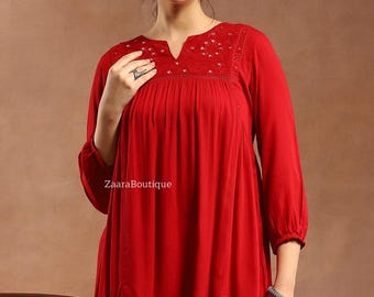 Tunics For Women - Red Floral Embroidered Kurti Top - Short Kurta - Indian Tunics - Indian Top Tees Blouse Women - Ethnic Short Kurti XS