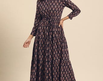 Maxi Dress - Anarkali Kurta - Indian Party Wear Dress For Women - Black Pinted A-line Kurta - Plus Size 3XL Kurti - Gown Dress