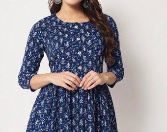 Kurtis Tunic For Women - Motifs Printed Indigo Blue Top For Women - Short Kurti Dress - Summer Wear - Indian Ethnic Top For Women - Boho Top