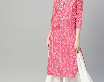 コットンクルタ | ピンクと白のハンドプリントクルティ | 女性用クルティ | インド風トップス | 女性用インドドレス | 彼女へのギフト | インド風ボヘミアンドレス