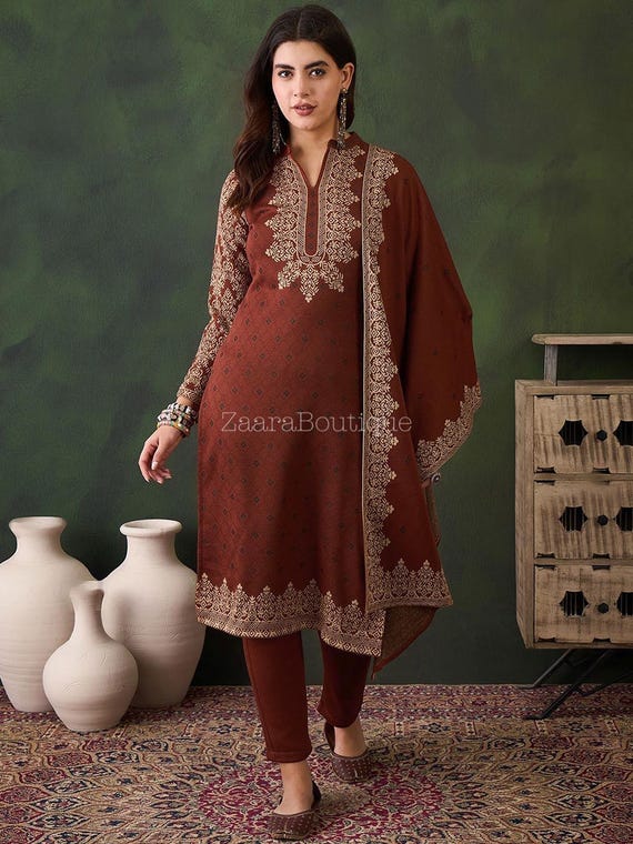 navy blue dress for baby girl Winter Woollen Kurta Set for Women - Indian Dress - Rust Embroidered Winter Wear - Kashmiri Salwar Suit - Wool Kurti