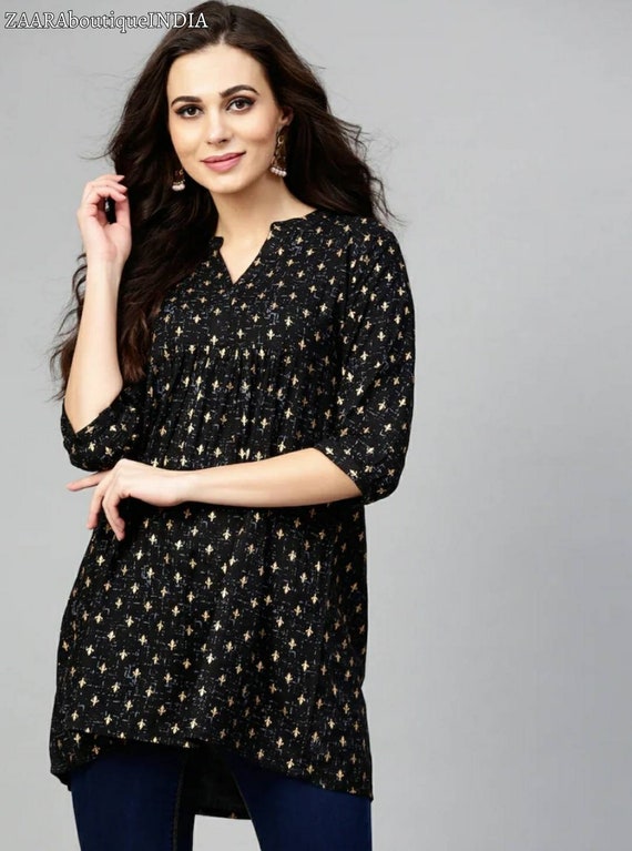 Kurtis for Women Black Gold Printed Kurti Short Kurta Indian Tunics Tops Tees Women Indian Dress Women Short Ethnic Kurta Etsy Canada