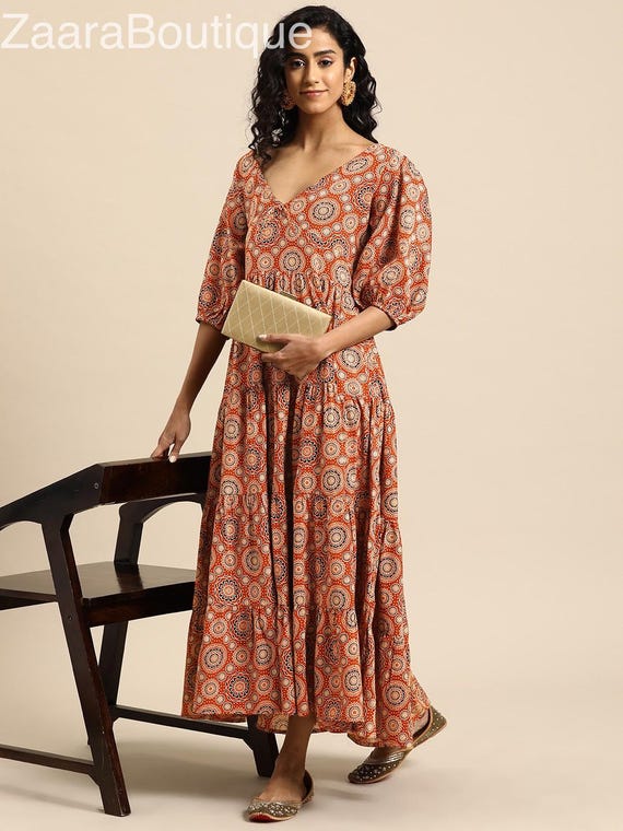 maxi dress for women indian Maxi Dress | Rust Printed Maxi Dress | Gift for Her | Indian Dress | Kurta  for Women | Indian Boho Dress | Ethnic Wear Women