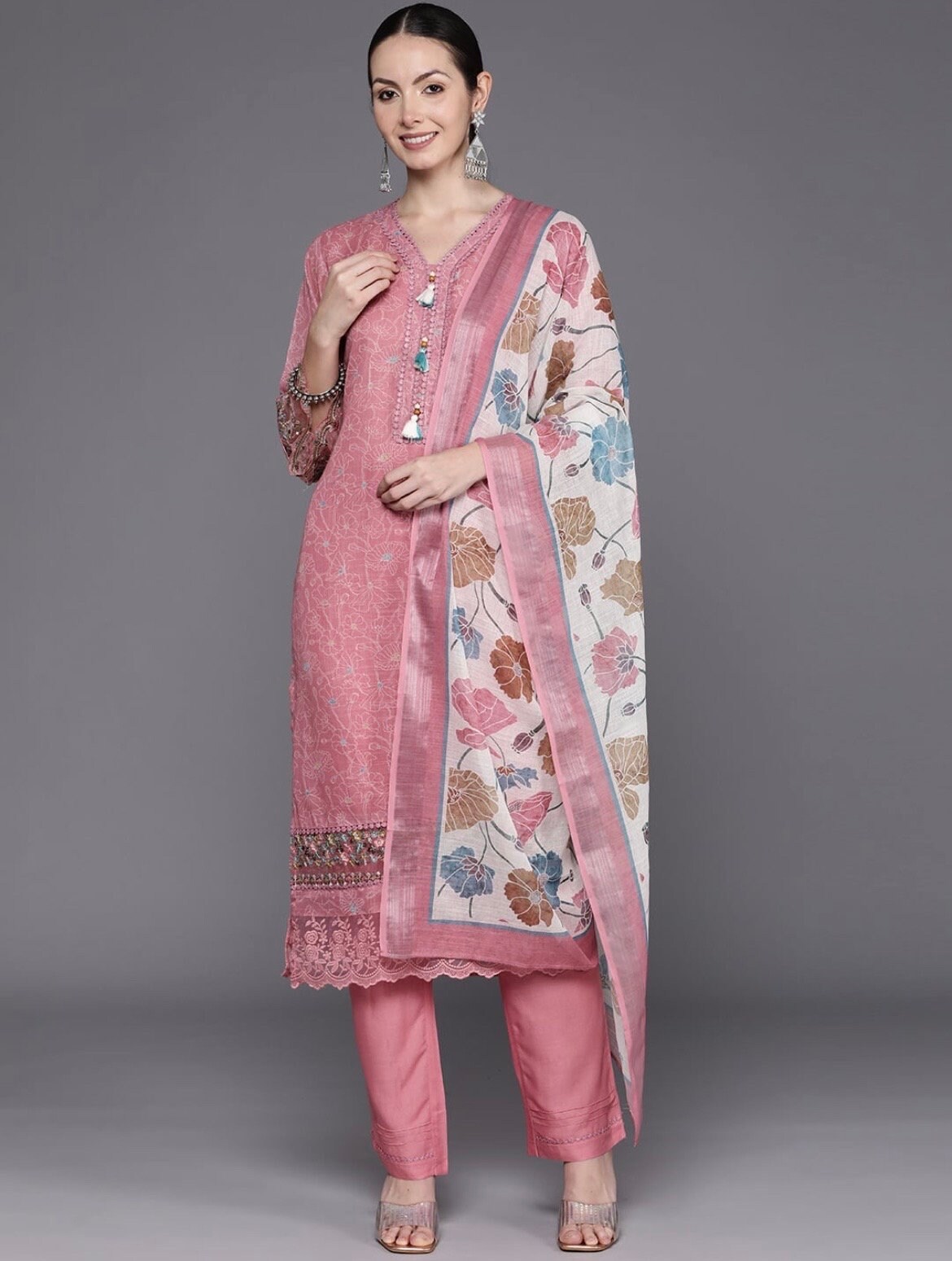 KLOSIA Set Completo Donna: Kurta Dritto Ricamato, Pantaloni Afgani E Dupatta Stampata - Abbigliamento Etnico In Viscosa Verde, Taglie S-XXL