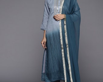 Indian Dress For Women - Grey Yoke Design Embroidered Kurta With Trousers & Dupatta - Salwar Kameez Set - Indian Party Wear Dress