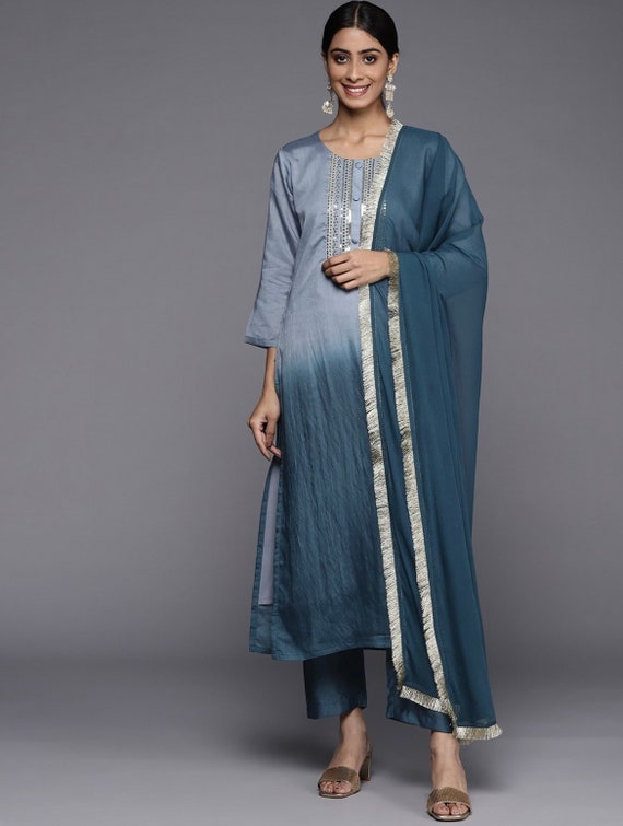 sachin and babi light blue dress Soma Sengupta Indian Fashion- Elegant Silver Gray!