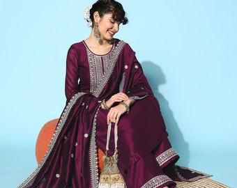 Indian Party/Wedding Wear - Burgundy Motifs Embroidered Silk Kurta With Palazzo & Dupatta - Salwar Kameez Set - Plus Size Kurta With Trouser