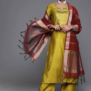 Salwar Kameez Set - Olive Green Embroidered Kurta With Trouser & Dupatta - Indian Pakistani Wedding Party Wear Kurta Set - Anniversary Gift