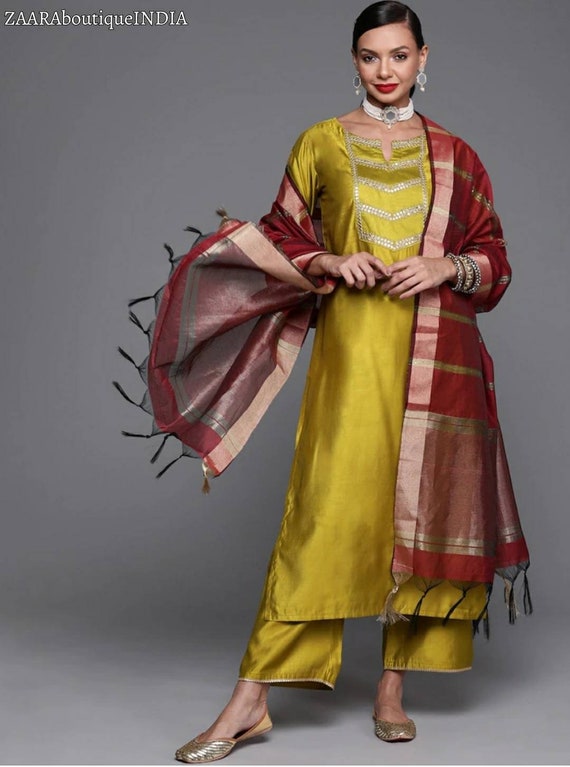 Salwar Kameez Set Olive Green Embroidered Kurta With Trouser Dupatta Indian Pakistani Wedding Party Wear Kurta Set Anniversary Gift Etsy