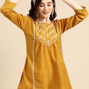 Women'S Mustard Yellow Embroidered A-Line Top1