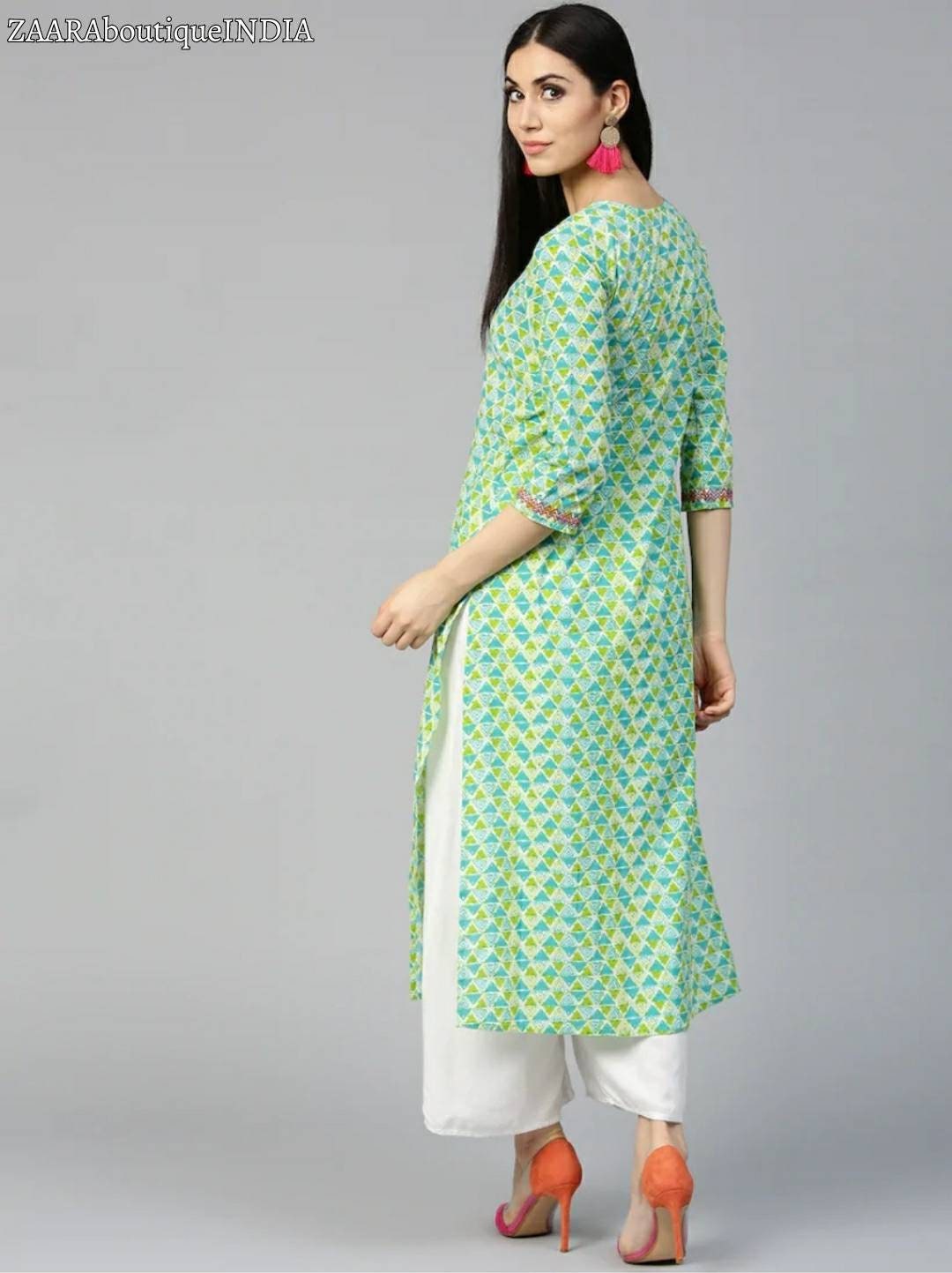 Blue & Green Printed 3/4Th Sleeve Cotton Double Layer Kurta main image 0