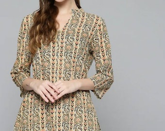 Kurtis For women | Beige &  Black Pure Cotton A-line Kurti Top | Short Kurta | Indian Tunics | Indian Top Tees Women | Short Ethnic Kurta