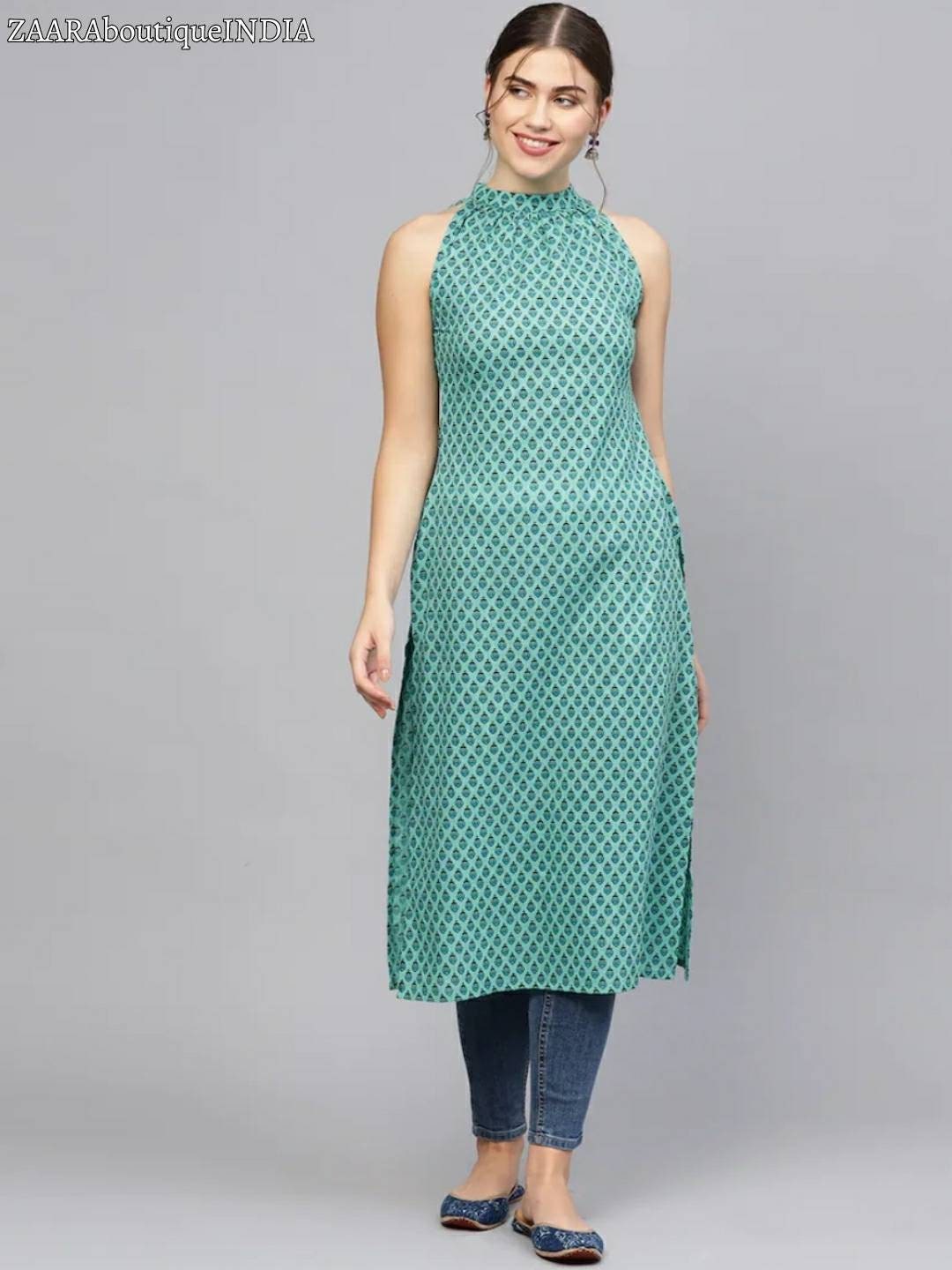 Buy Anarkali Dress Mandarin Collar Sleeveless Kurtis for Women Print Maxi  Dress Online at desertcartINDIA