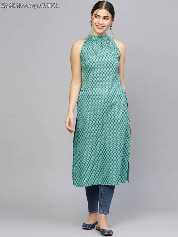 Kurta Women | Green & Blue Cotton Kurti For Women | Hand Printed Kurti | Sleeveless Kurti | Gift For Her | Machine-Wash | Indian Dress | 3XL