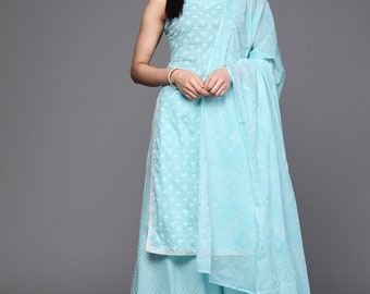 Set Kurta da donna - Kurta senza maniche stampato blu e oro con Palazzo e Dupatta - Salwar Kameez - Abito indiano - Pantaloni Kurta estivi