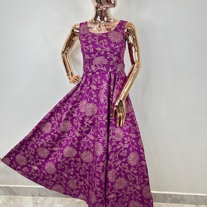Sleevless Midi Dress For Women - Purple & Golden Jacquard Printed Maxi Dress with Belt - Maxi Dress For Party - Indian Dress - Kurtis Top