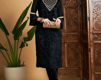 Velvet Kurta Tunic For Women, Black & Gold Embroidered Velvet Kurti For Women, Party Wear Kurti Dress, Winter Wear, Indian Dress