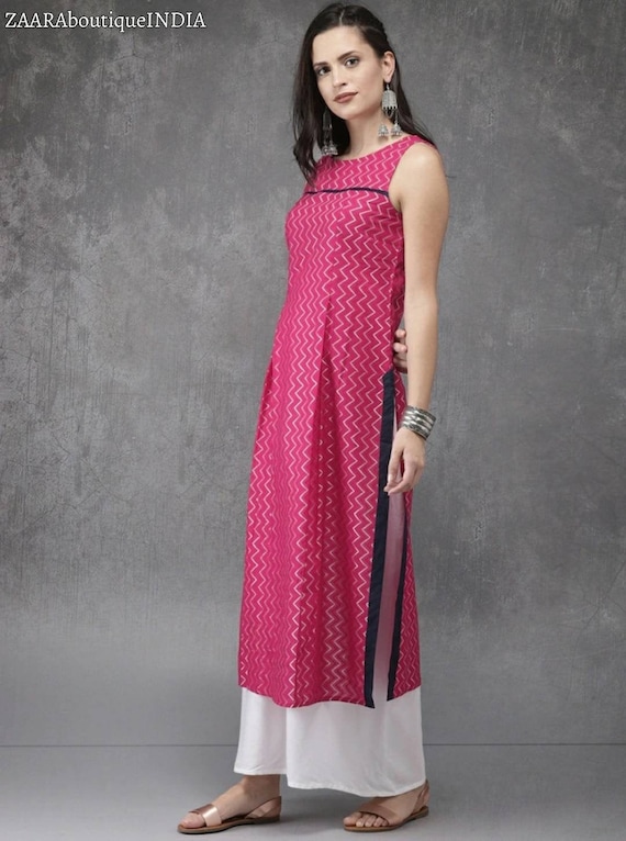 Green unique motifs printed sleeveless round-neck muslin straight-cut  knee-length kurti