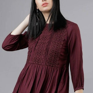 Kurtis Tunic For Women,  Burgundy Lace Inserts Peplum Top For Women, Short Kurti Dress, Summer Wear, Indian Ethnic Top For Women, Boho Top