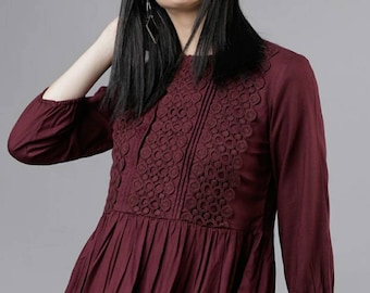 Kurtis Túnica para mujer, Top peplum con inserciones de encaje burdeos para mujer, Vestido Kurti corto, Ropa de verano, Top étnico indio para mujer, Top bohemio