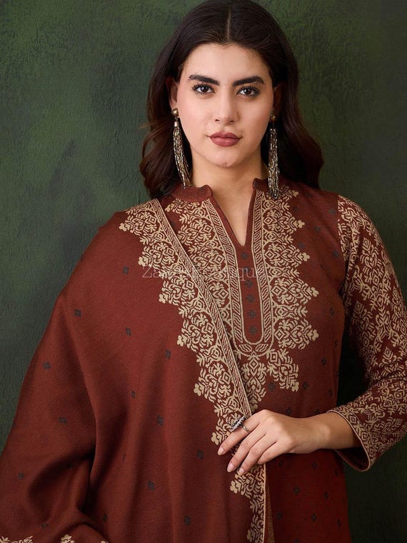 Winter Woollen Kurta Set for Women - Indian Dress - Rust Embroidered Winter Wear - Kashmiri Salwar Suit - Wool Kurti