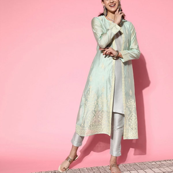 Robe de soirée indienne pour femme - Kurta superposé vert à motifs ethniques imprimés avec veste et pantalon - Ensemble Salwar Kameez - Robe indienne