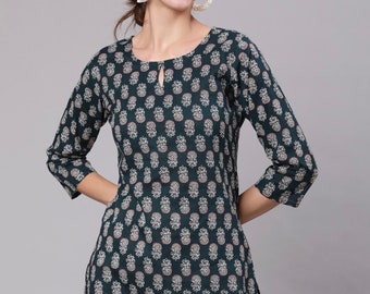 Tunieken voor dames | Groen-witte Kurti-top van puur katoen met print | Korte Kurta | Indiase tunieken | T-shirts Indiase dames | Etnische short Kurti XS