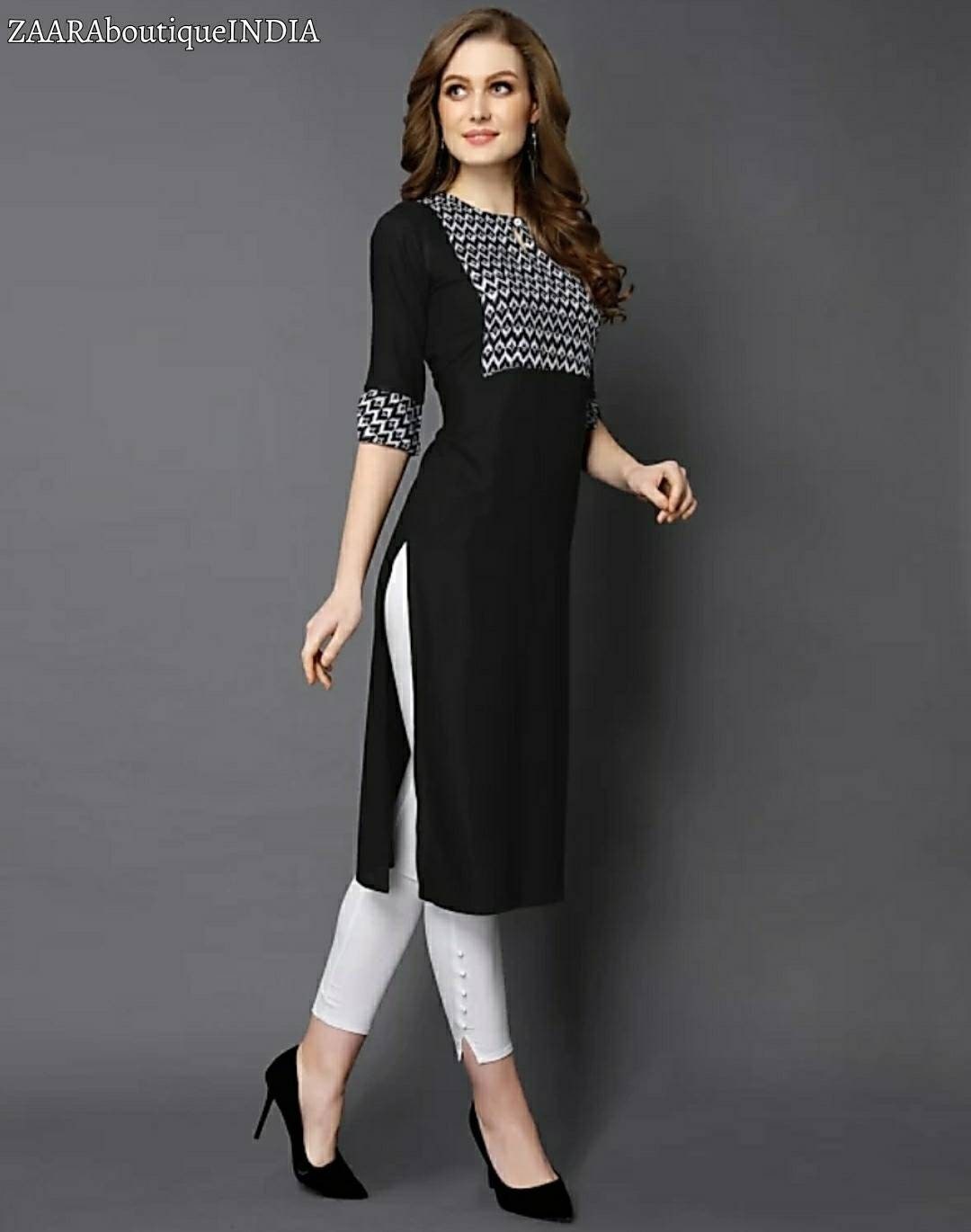 Hand Printed Rayon Black Kurti For Women Gift For Her Office Wear