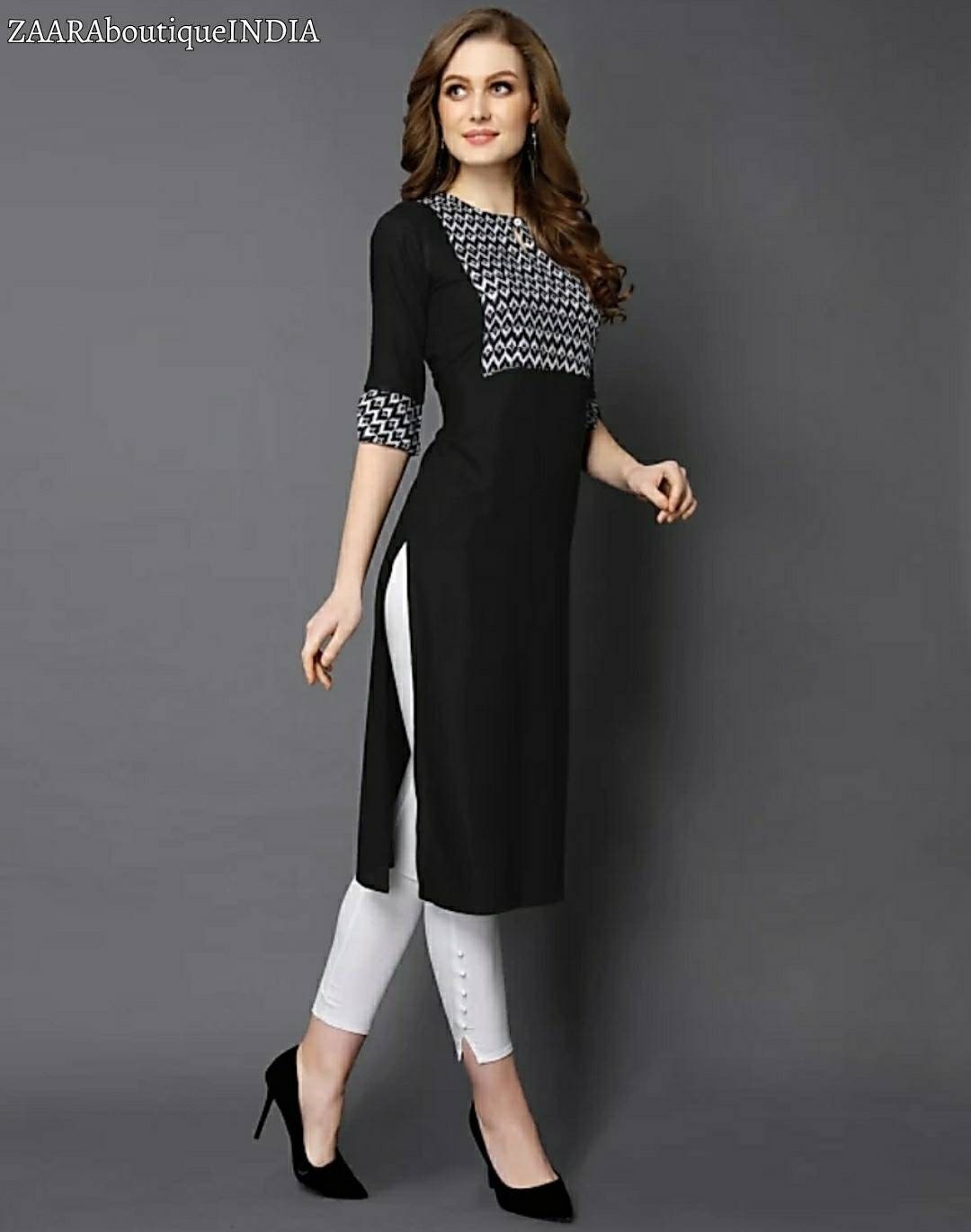 Hand Printed Rayon Black Kurti for Women Gift for Her Office Wear